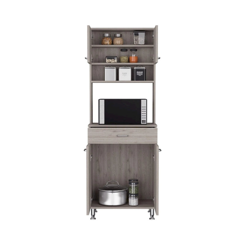 Armoire de rangement avec 4 portes, compartiment central pour appareils électroménagers et étagère à épices – Gris clair