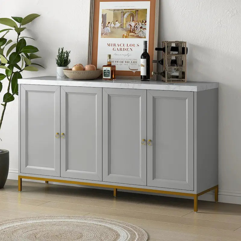 Buffet moderne 4 portes avec plateau en faux marbre, portes rainurées sculptées et pieds en métal