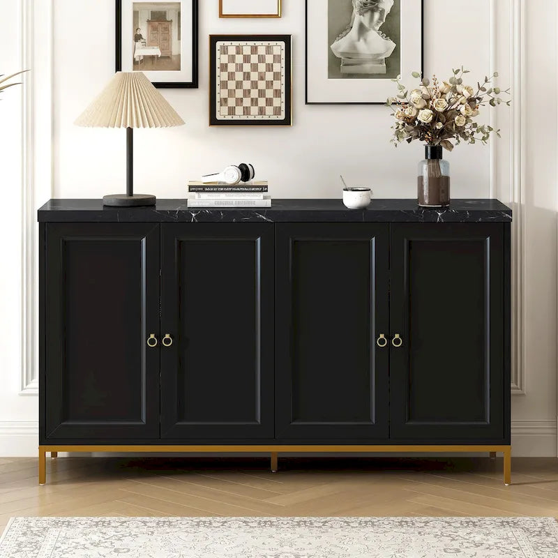 Buffet moderne 4 portes avec plateau en faux marbre, portes rainurées sculptées et pieds en métal