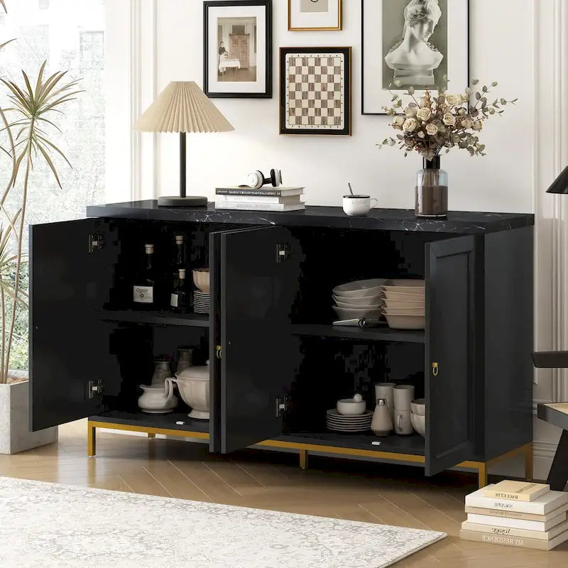 Buffet moderne 4 portes avec plateau en faux marbre, portes rainurées sculptées et pieds en métal