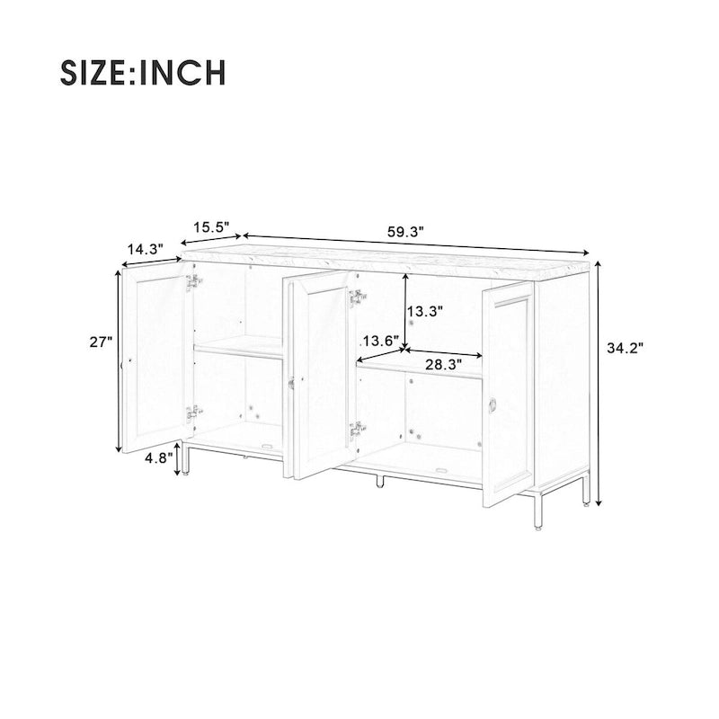 Buffet moderne 4 portes avec plateau en faux marbre, portes rainurées sculptées et pieds en métal