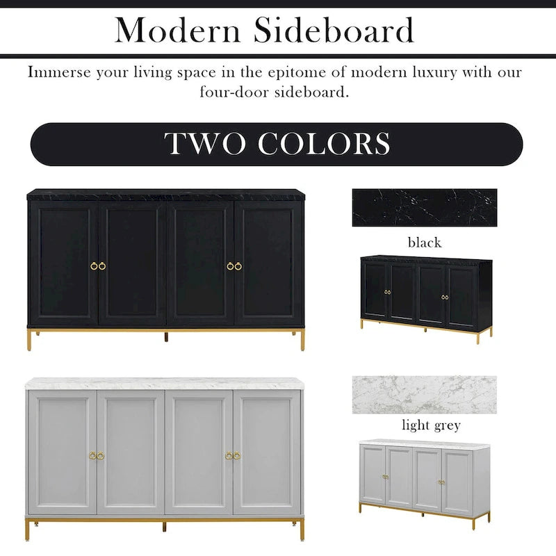 Buffet moderne 4 portes avec plateau en faux marbre, portes rainurées sculptées et pieds en métal