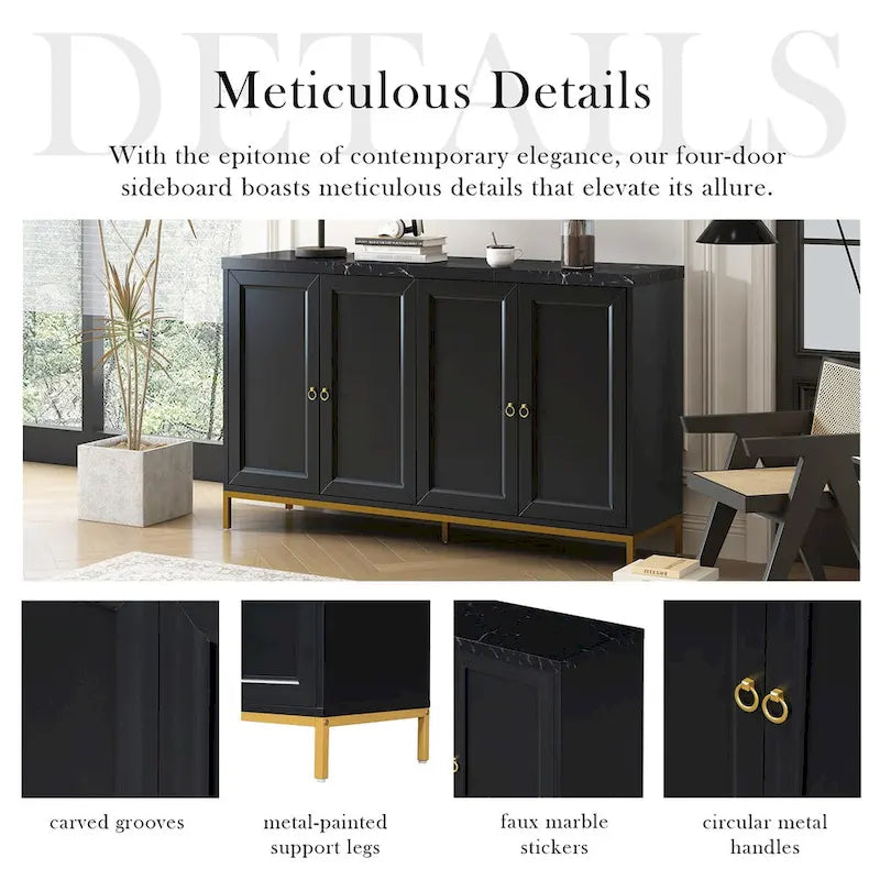 Buffet moderne 4 portes avec plateau en faux marbre, portes rainurées sculptées et pieds en métal