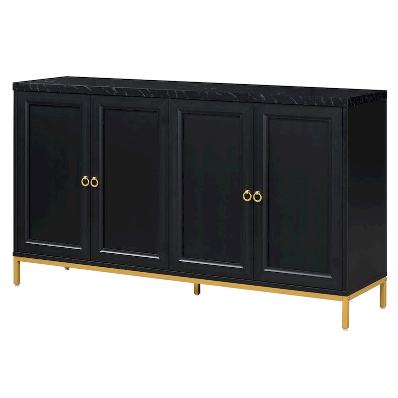 Buffet moderne 4 portes avec plateau en faux marbre, portes rainurées sculptées et pieds en métal