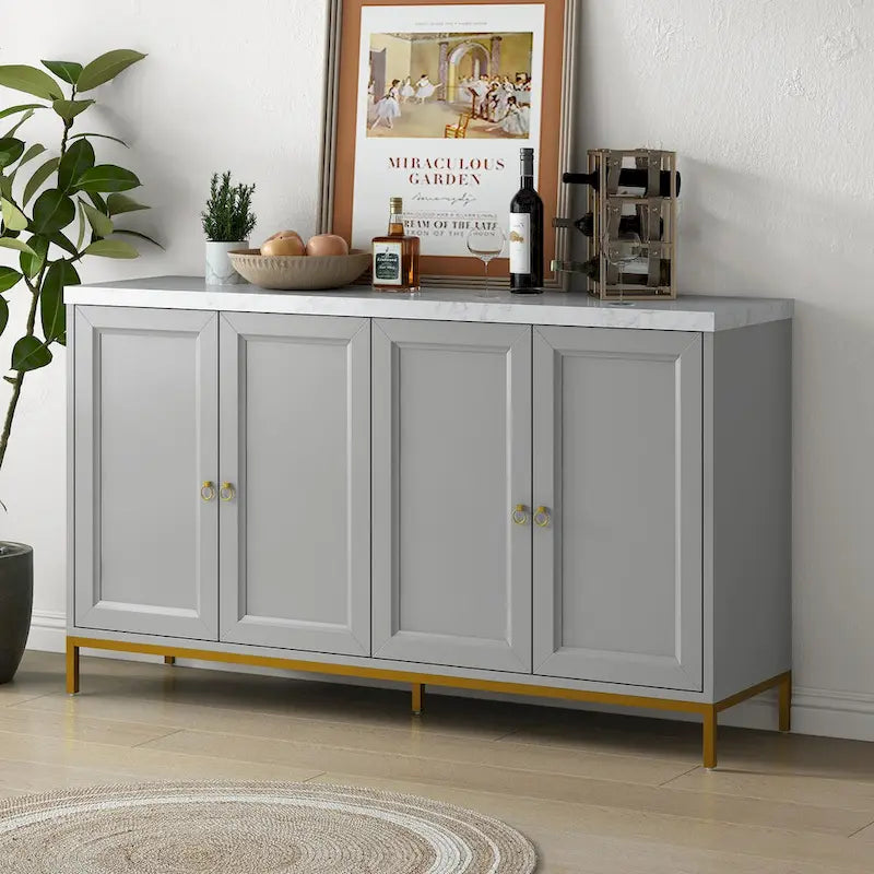 Buffet moderne 4 portes avec plateau en faux marbre, portes rainurées sculptées et pieds en métal