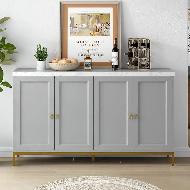 Buffet moderne 4 portes avec plateau en faux marbre, portes rainurées sculptées et pieds en métal