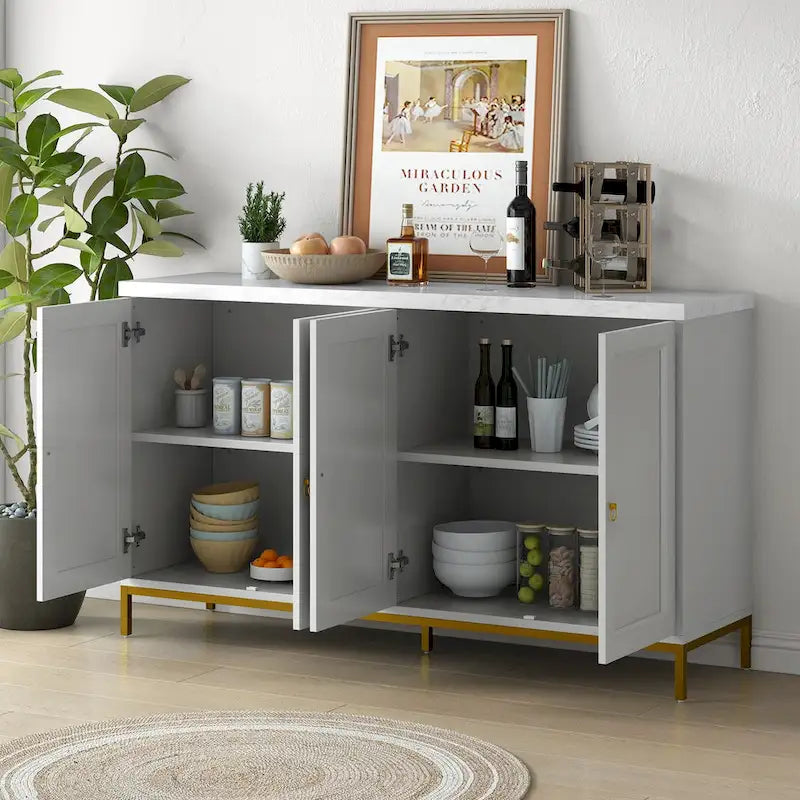 Buffet moderne 4 portes avec plateau en faux marbre, portes rainurées sculptées et pieds en métal