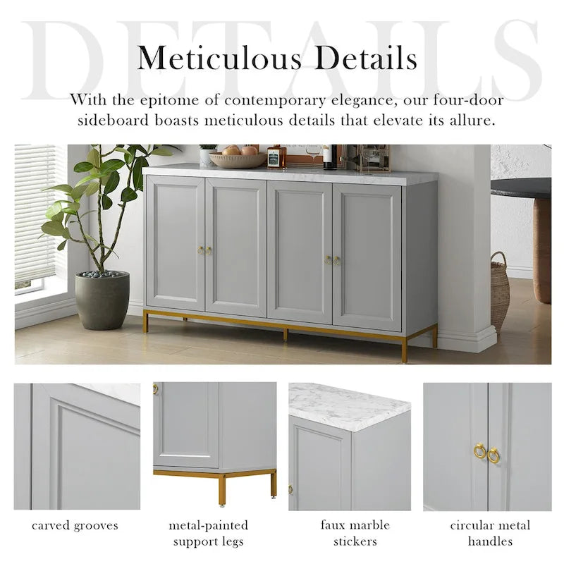 Buffet moderne 4 portes avec plateau en faux marbre, portes rainurées sculptées et pieds en métal