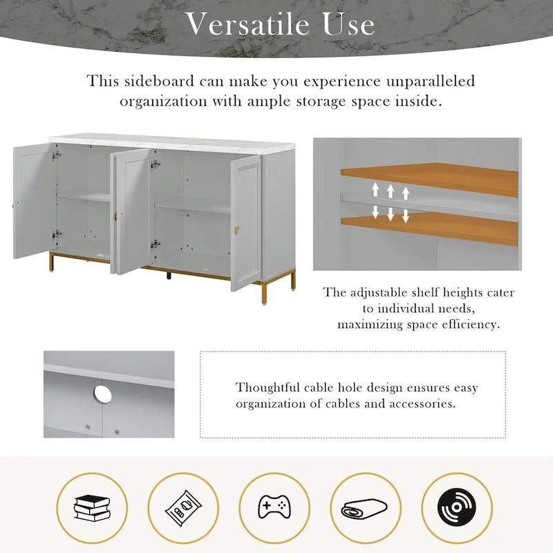 Buffet moderne 4 portes avec plateau en faux marbre, portes rainurées sculptées et pieds en métal