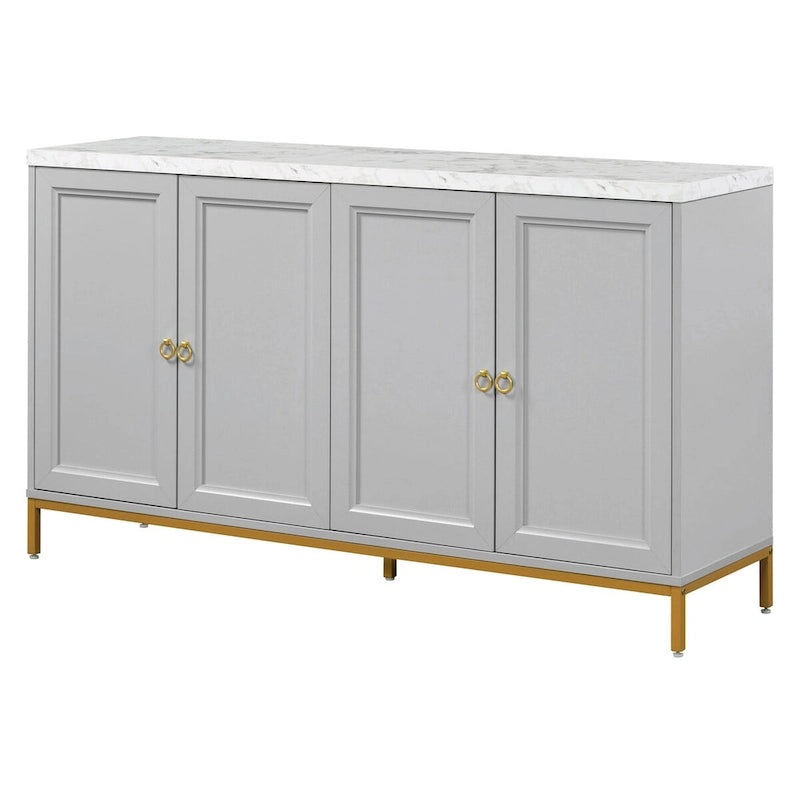 Buffet moderne 4 portes avec plateau en faux marbre, portes rainurées sculptées et pieds en métal