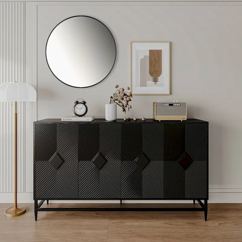 4-Door Glass Sideboard Buffet Cabinet with Adjustable Shelves & Metal Legs