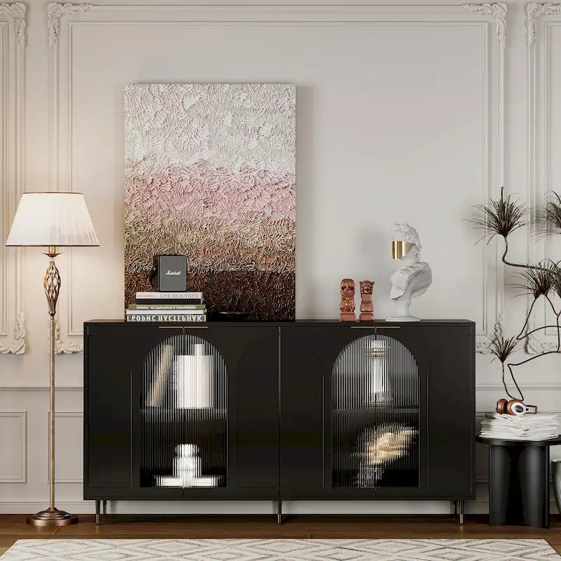 4-Door Glass Sideboard Buffet Cabinet with Adjustable Shelves & Metal Legs