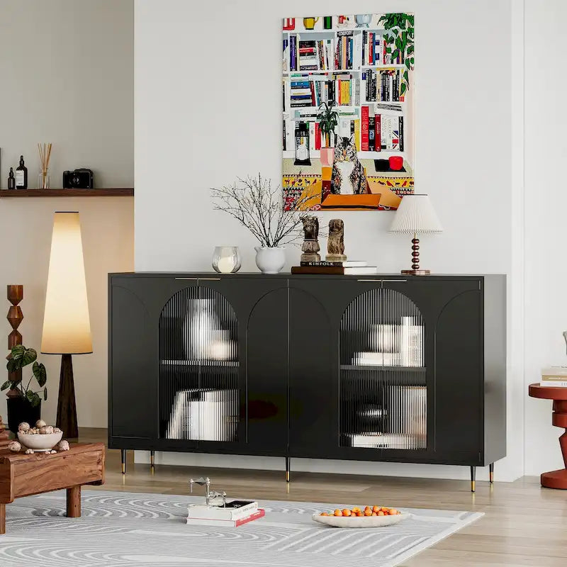 4-Door Glass Sideboard Buffet Cabinet with Adjustable Shelves & Metal Legs