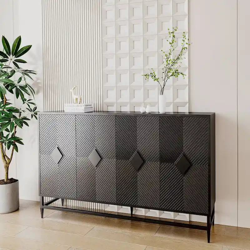 4-Door Glass Sideboard Buffet Cabinet with Adjustable Shelves & Metal Legs