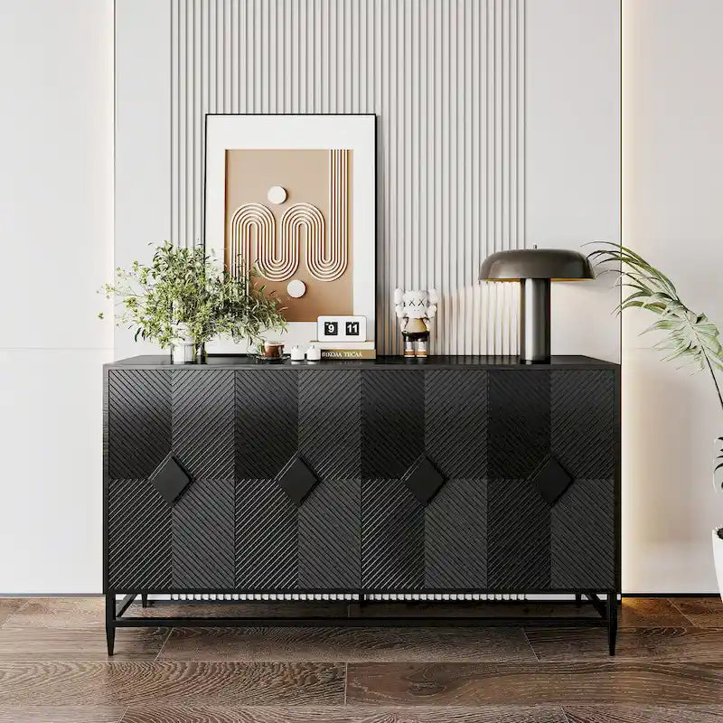 4-Door Glass Sideboard Buffet Cabinet with Adjustable Shelves & Metal Legs
