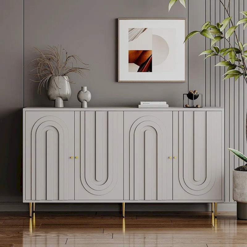 Bahut de buffet à 4 portes vitrées avec étagères réglables et pieds en métal