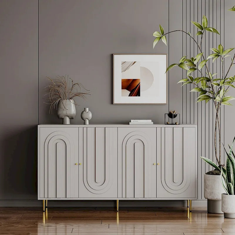 Bahut de buffet à 4 portes vitrées avec étagères réglables et pieds en métal