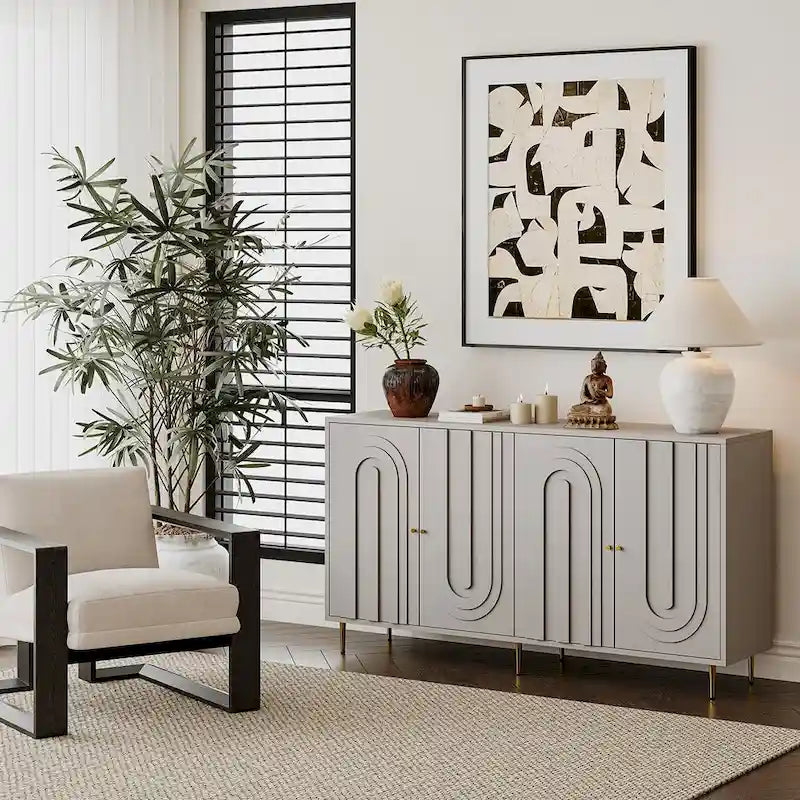 Bahut de buffet à 4 portes vitrées avec étagères réglables et pieds en métal