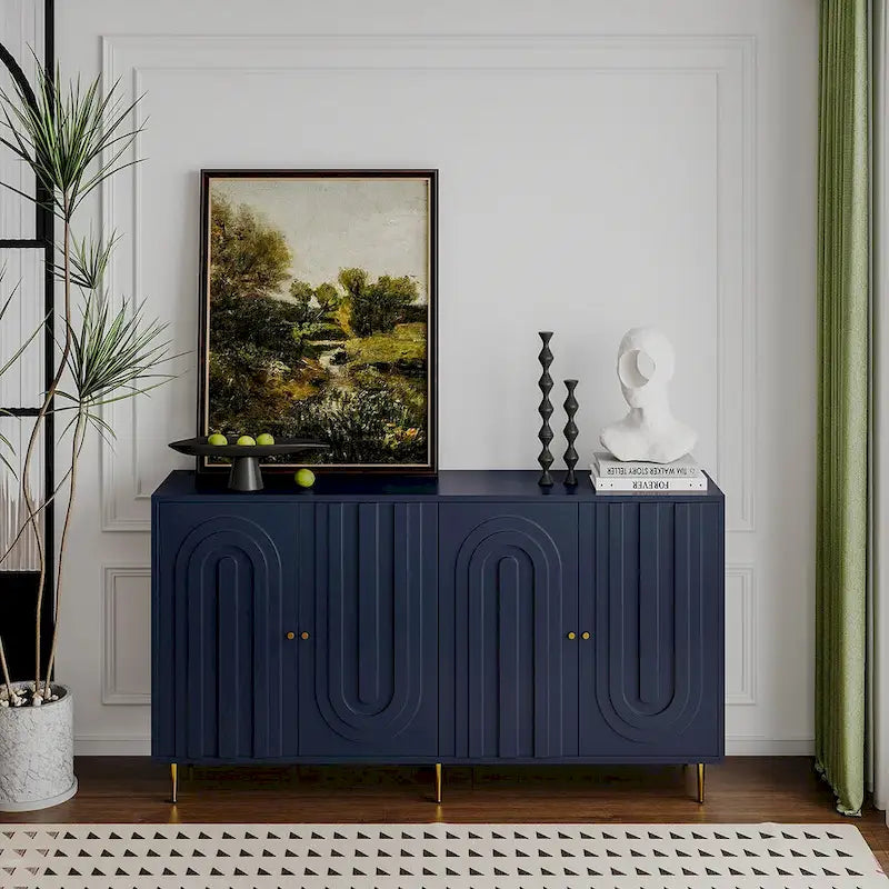 Bahut de buffet à 4 portes vitrées avec étagères réglables et pieds en métal