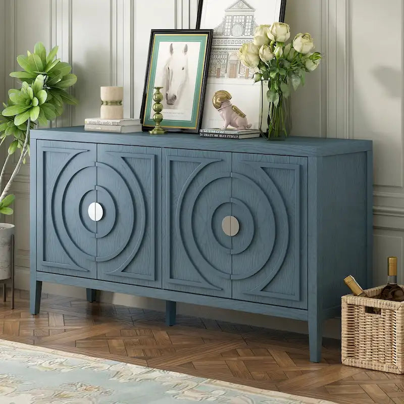 Retro 4-Door Sideboard with Circular Groove Design & Round Metal Handles