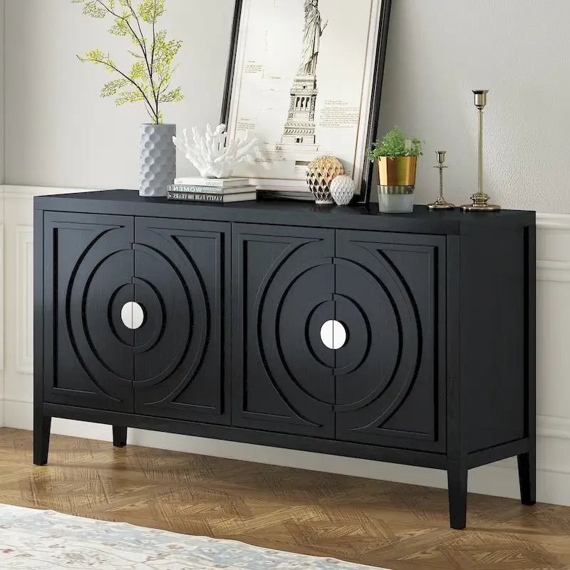 Retro 4-Door Sideboard with Circular Groove Design & Round Metal Handles