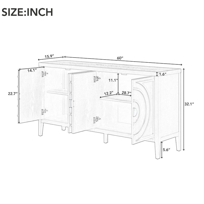 Retro 4-Door Sideboard with Circular Groove Design & Round Metal Handles