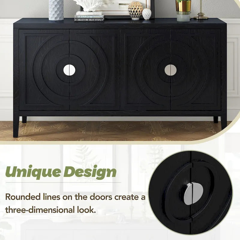 Retro 4-Door Sideboard with Circular Groove Design & Round Metal Handles