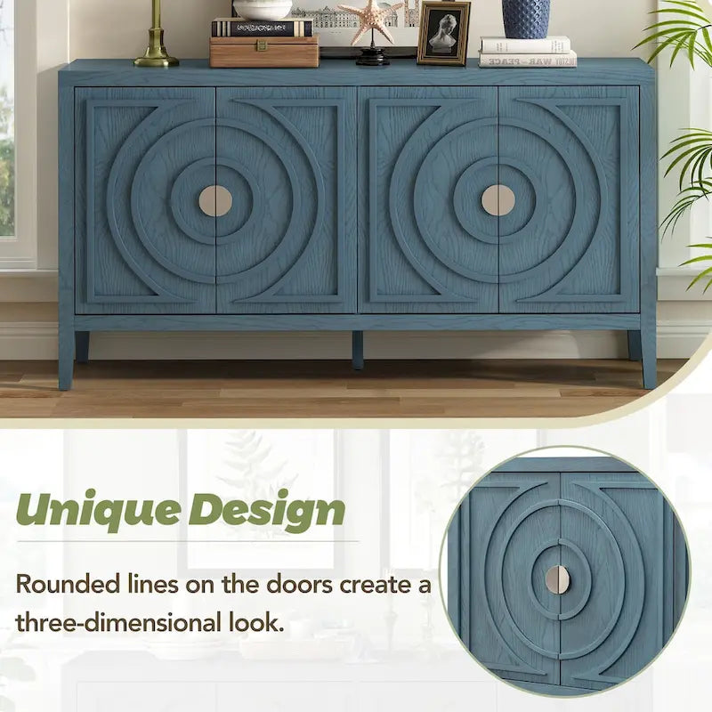 Bahut rétro à 4 portes avec motif rainuré circulaire et poignées rondes en métal