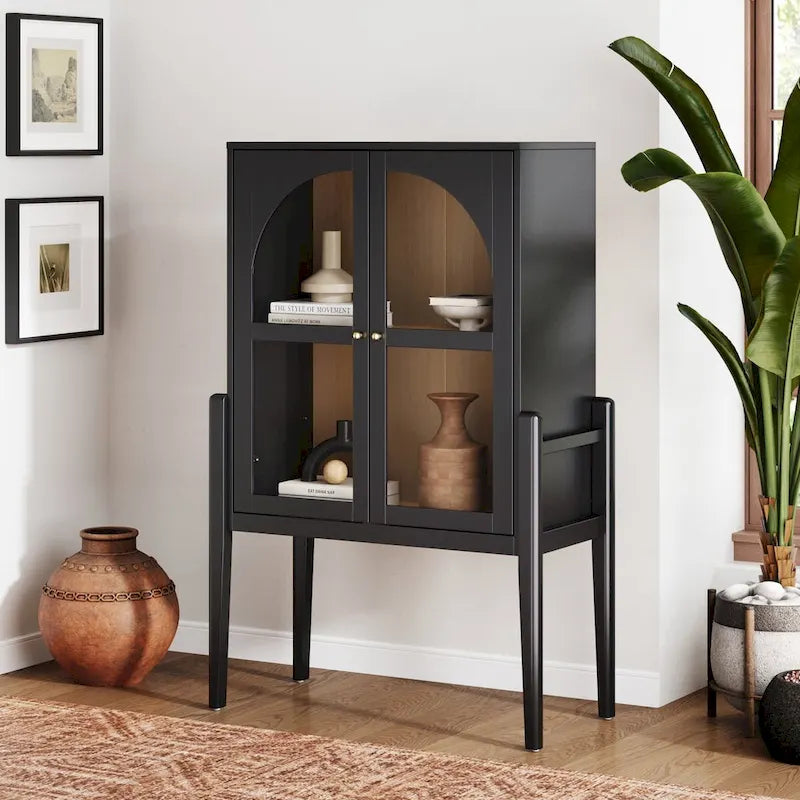 Shadow Mid-Century Modern Credenza or Sideboard Cabinet with Glass Doors, Kitchen Pantry Storage Cabinet with Wooden Frame