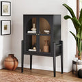 Shadow Mid-Century Modern Credenza or Sideboard Cabinet with Glass Doors, Kitchen Pantry Storage Cabinet with Wooden Frame
