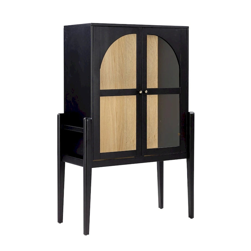 Crédence Mid-Century Moderne avec portes vitrées cintrées et poignées en laiton