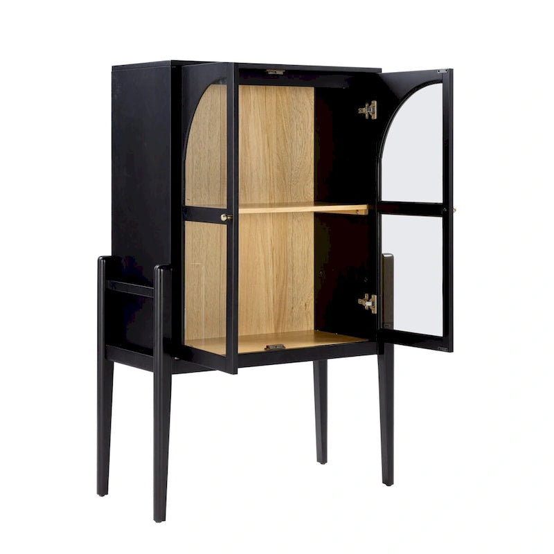 Crédence Mid-Century Moderne avec portes vitrées cintrées et poignées en laiton