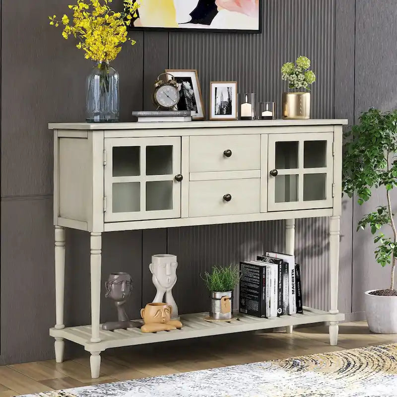 Buffet console de ferme avec portes vitrées, 2 tiroirs et étagère inférieure