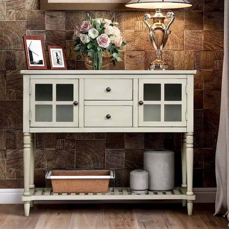 Buffet console de ferme avec portes vitrées, 2 tiroirs et étagère inférieure