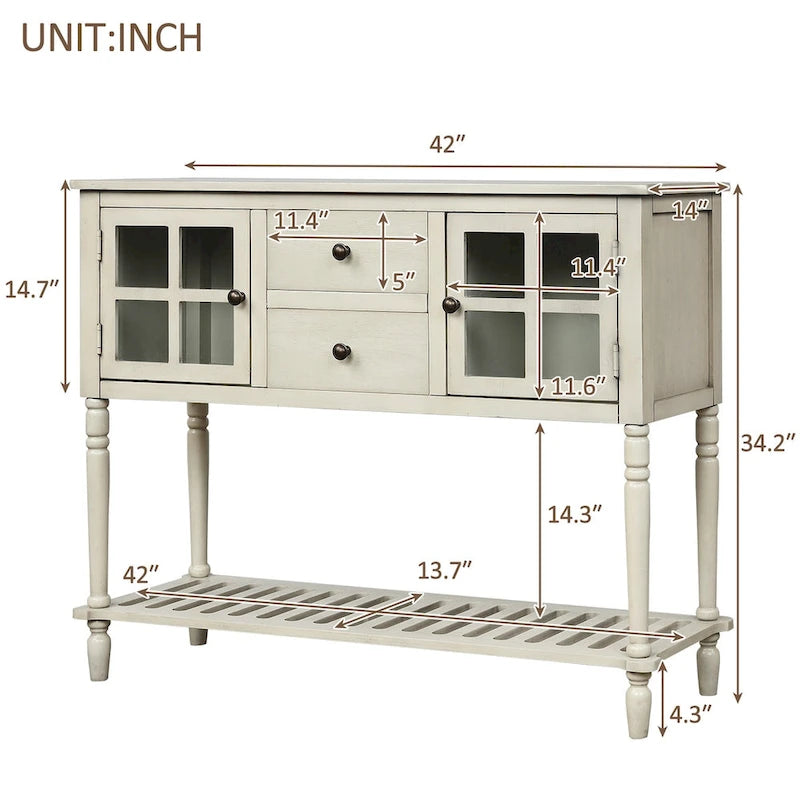 Buffet console de ferme avec portes vitrées, 2 tiroirs et étagère inférieure