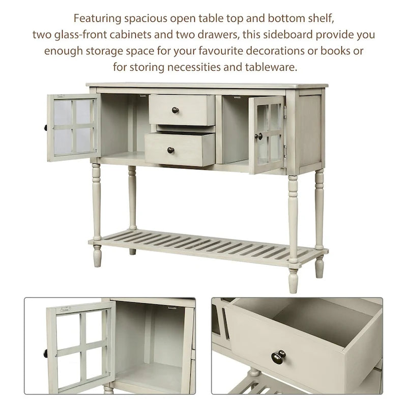 Buffet console de ferme avec portes vitrées, 2 tiroirs et étagère inférieure
