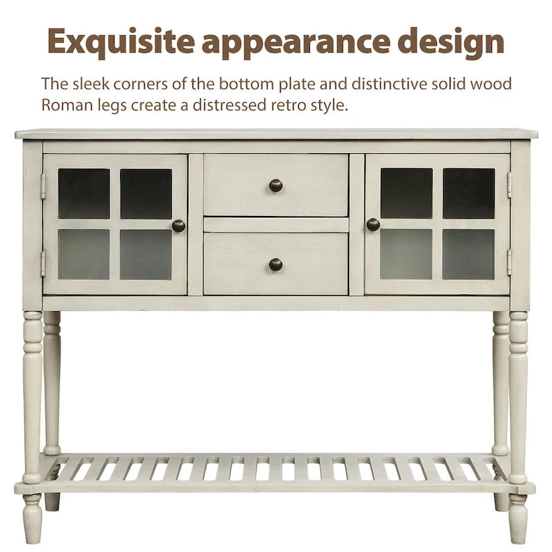 Buffet console de ferme avec portes vitrées, 2 tiroirs et étagère inférieure