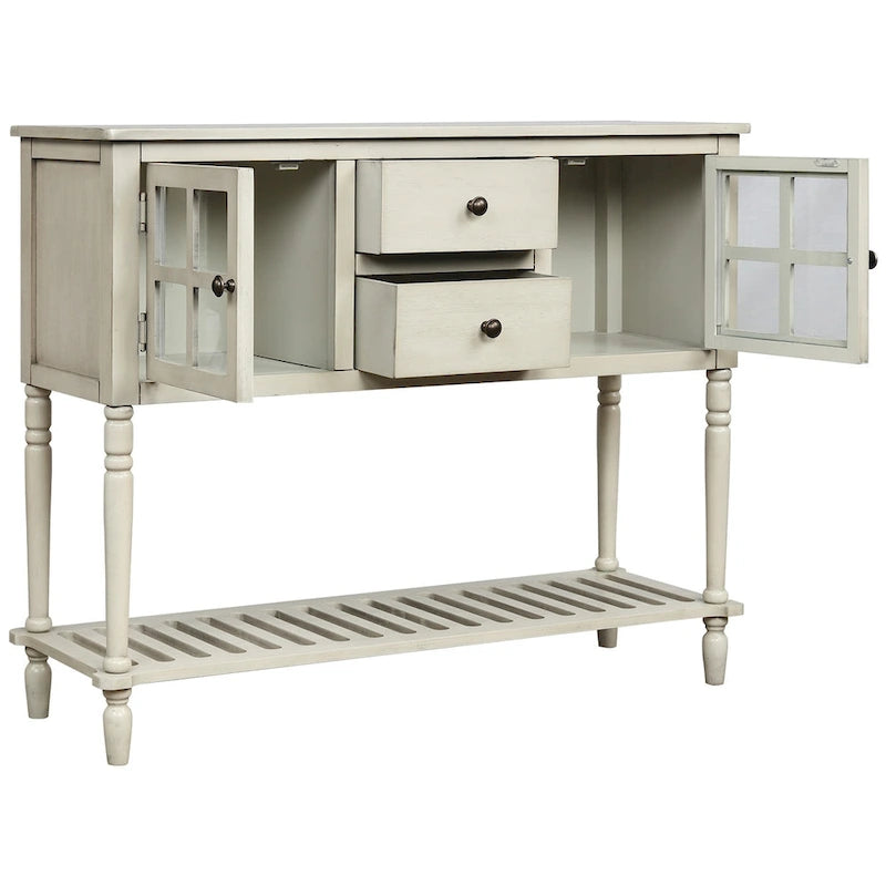 Buffet console de ferme avec portes vitrées, 2 tiroirs et étagère inférieure