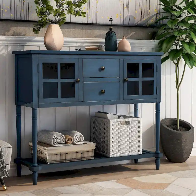 Buffet console de ferme avec portes vitrées, 2 tiroirs et étagère inférieure