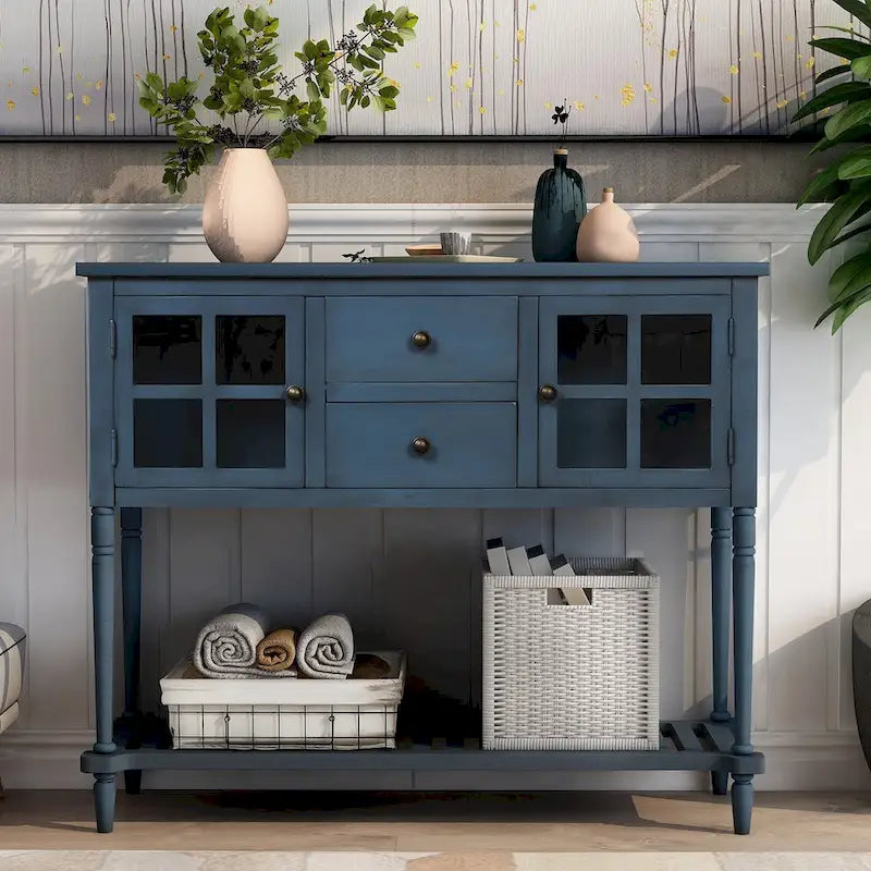 Buffet console de ferme avec portes vitrées, 2 tiroirs et étagère inférieure