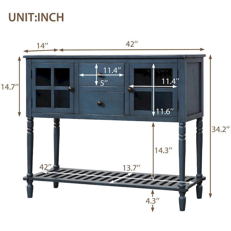 Buffet console de ferme avec portes vitrées, 2 tiroirs et étagère inférieure