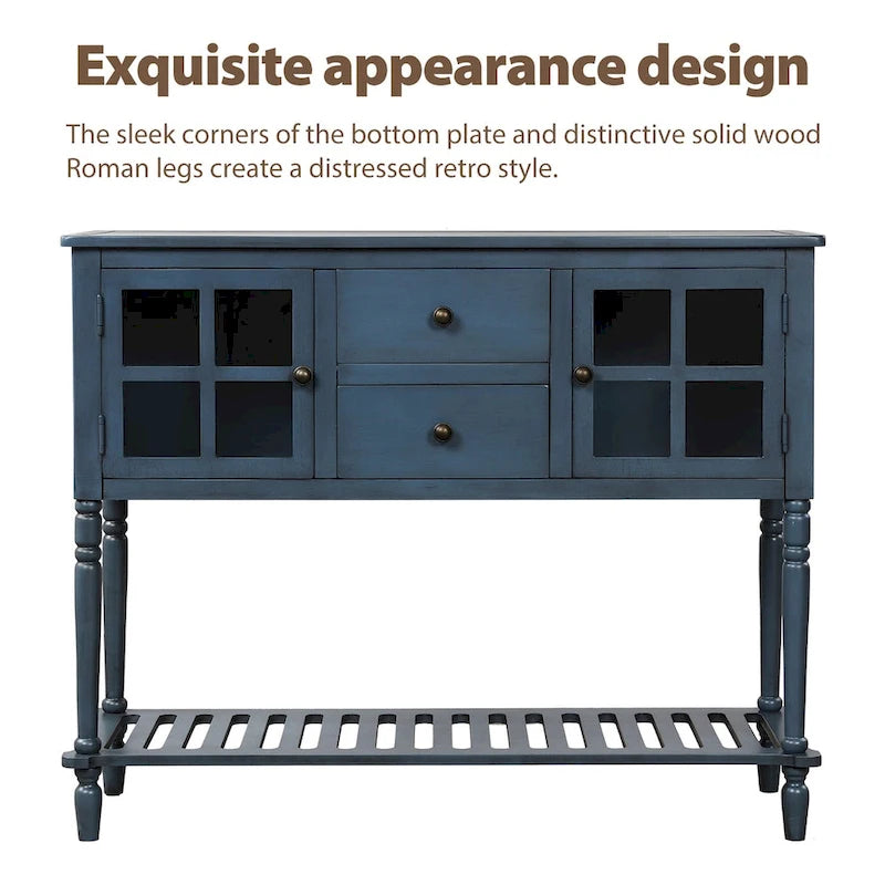 Buffet console de ferme avec portes vitrées, 2 tiroirs et étagère inférieure
