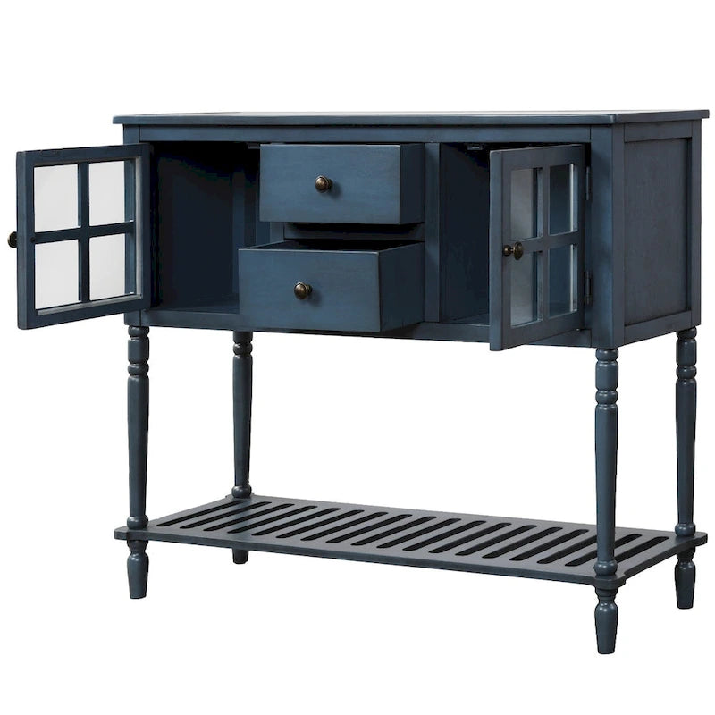 Buffet console de ferme avec portes vitrées, 2 tiroirs et étagère inférieure