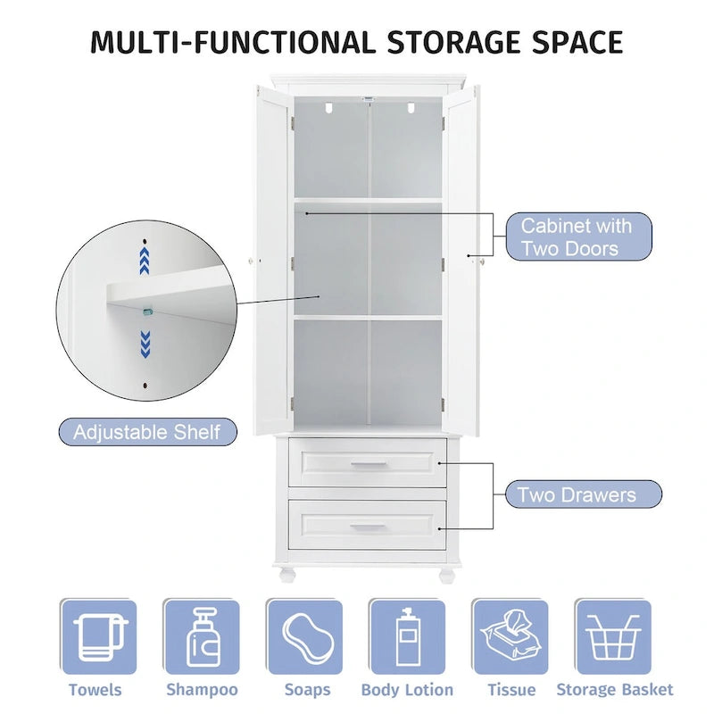 Armoire de rangement haute avec 2 tiroirs, 2 portes et étagères réglables – Certifiée CARB P2