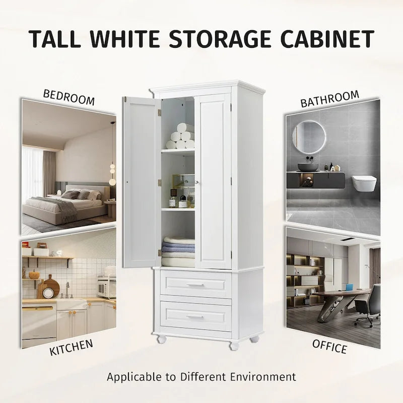 Armoire de rangement haute avec 2 tiroirs, 2 portes et étagères réglables – Certifiée CARB P2