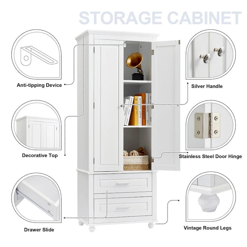 Armoire de rangement haute avec 2 tiroirs, 2 portes et étagères réglables – Certifiée CARB P2