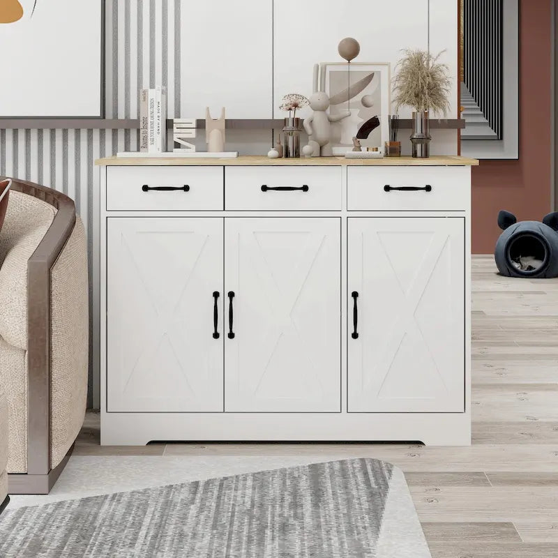 Farmhouse Buffet Sideboard with 3 Drawers, 3 Doors & Wood Grain Surface