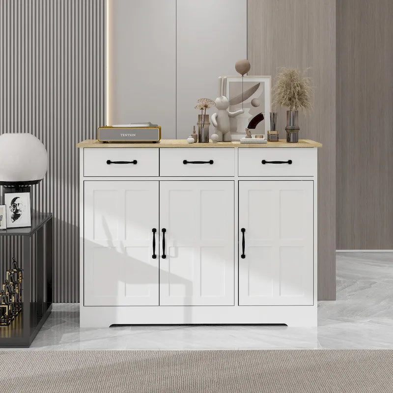 Farmhouse Buffet Sideboard with 3 Drawers, 3 Doors & Wood Grain Surface