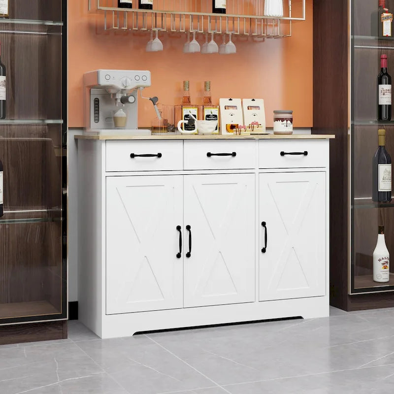 Farmhouse Buffet Sideboard with 3 Drawers, 3 Doors & Wood Grain Surface