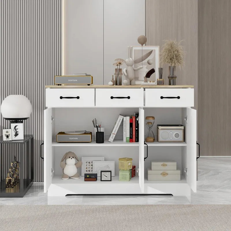 Farmhouse Buffet Sideboard with 3 Drawers, 3 Doors & Wood Grain Surface
